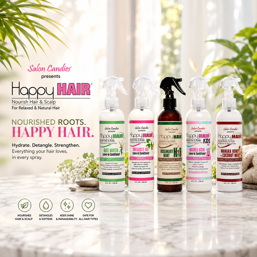 Five Salon Candles Happy Hair nourishing hair and scalp care bottles arranged on a glossy marble surface with a bright, sunlit bathroom-like background and plants around the scene. Visible products include Water-Based Detangle & Conditioner, Nourish Root-Enhancing Treatment, Kids Detangle & Conditioner, Nourish Kids Detangle & Conditioner, and Nutra Shot Lemon Burst.