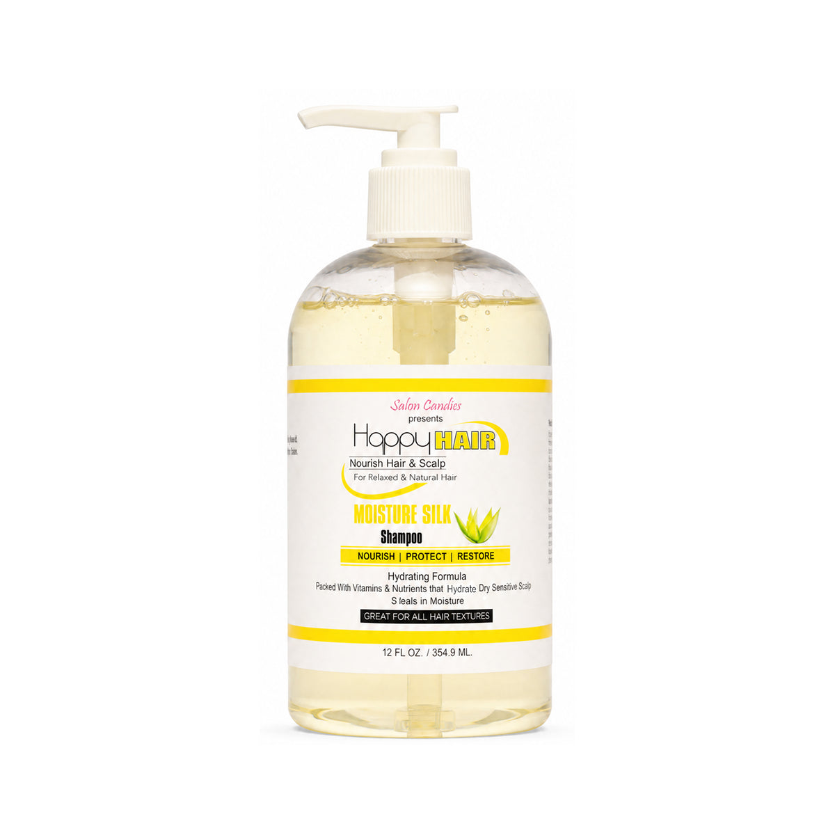A 12 fl oz bottle of Happy Hair Moisture Silk Shampoo on a solid white background. The bottle is clear, showing the pale yellow liquid inside, and features a white pump dispenser and a white label with yellow and green accents.