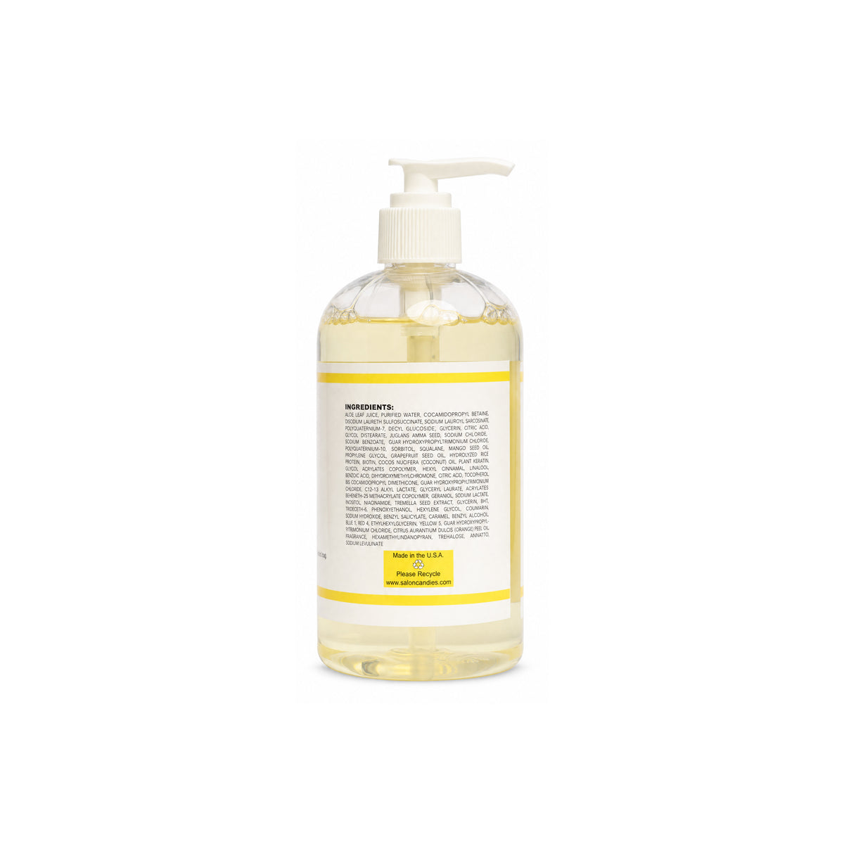 A clear pump bottle filled with pale yellow liquid, shown from the back against a plain white background. The bottle has a white pump dispenser and a white label with yellow border lines and black text.