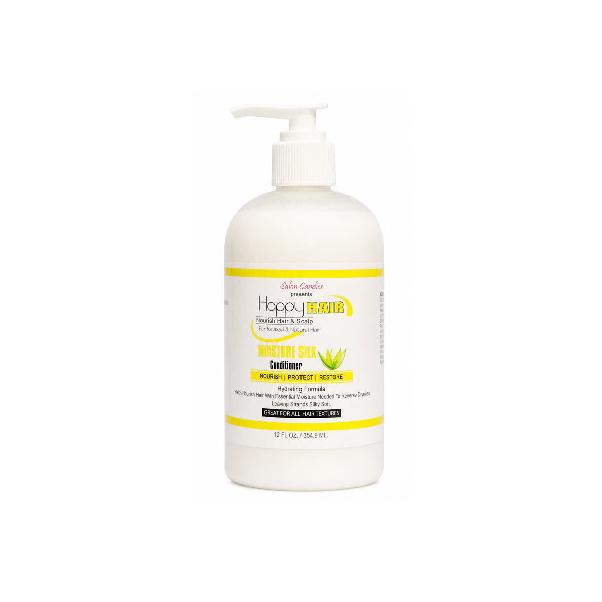 A 16 oz white pump bottle of Happy Brand Natural Hair Conditioner on a solid white background.