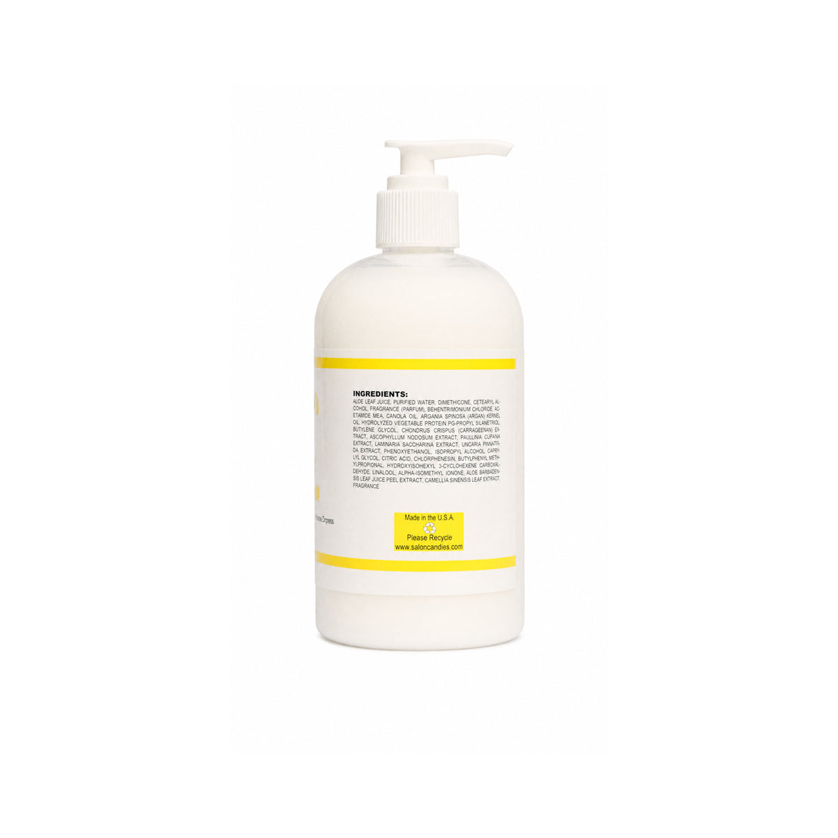 A white pump bottle of hand wash with a yellow accent band on the label, shown against a plain white background.