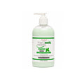 A bottle of Happy Hair Therapeutic Conditioner with a white pump dispenser and a white label featuring green text and mint leaf graphics, set against a plain white background.