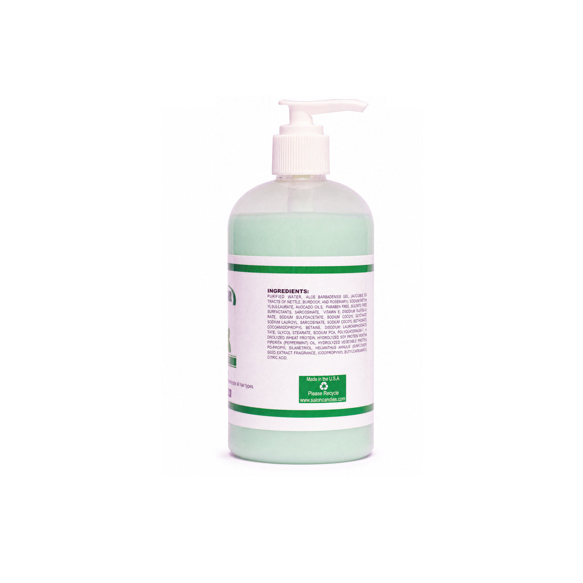 A 24 oz pump bottle of hand wash with a translucent frosted body showing light green liquid inside, a white pump dispenser, and a white label with green and black text, isolated on a white background.