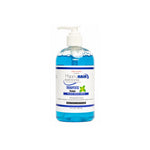 A bottle of Happy Hair Therapeutic Shampoo with a white pump dispenser, filled with bright blue liquid, set against a plain white background.