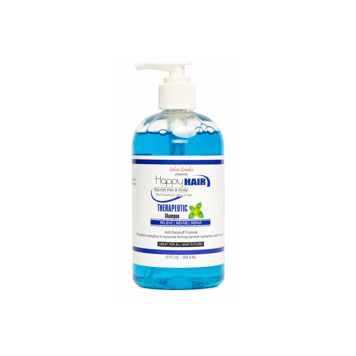 A bottle of Happy Hair Therapeutic Shampoo with a white pump dispenser, filled with bright blue liquid, set against a plain white background.