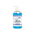A bottle of Happy Hair Therapeutic Shampoo with a white pump dispenser, filled with bright blue liquid, set against a plain white background.