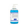 A clear plastic pump bottle filled with bright blue liquid, featuring a white pump dispenser and a white label with blue text and borders, shown on a plain white background.