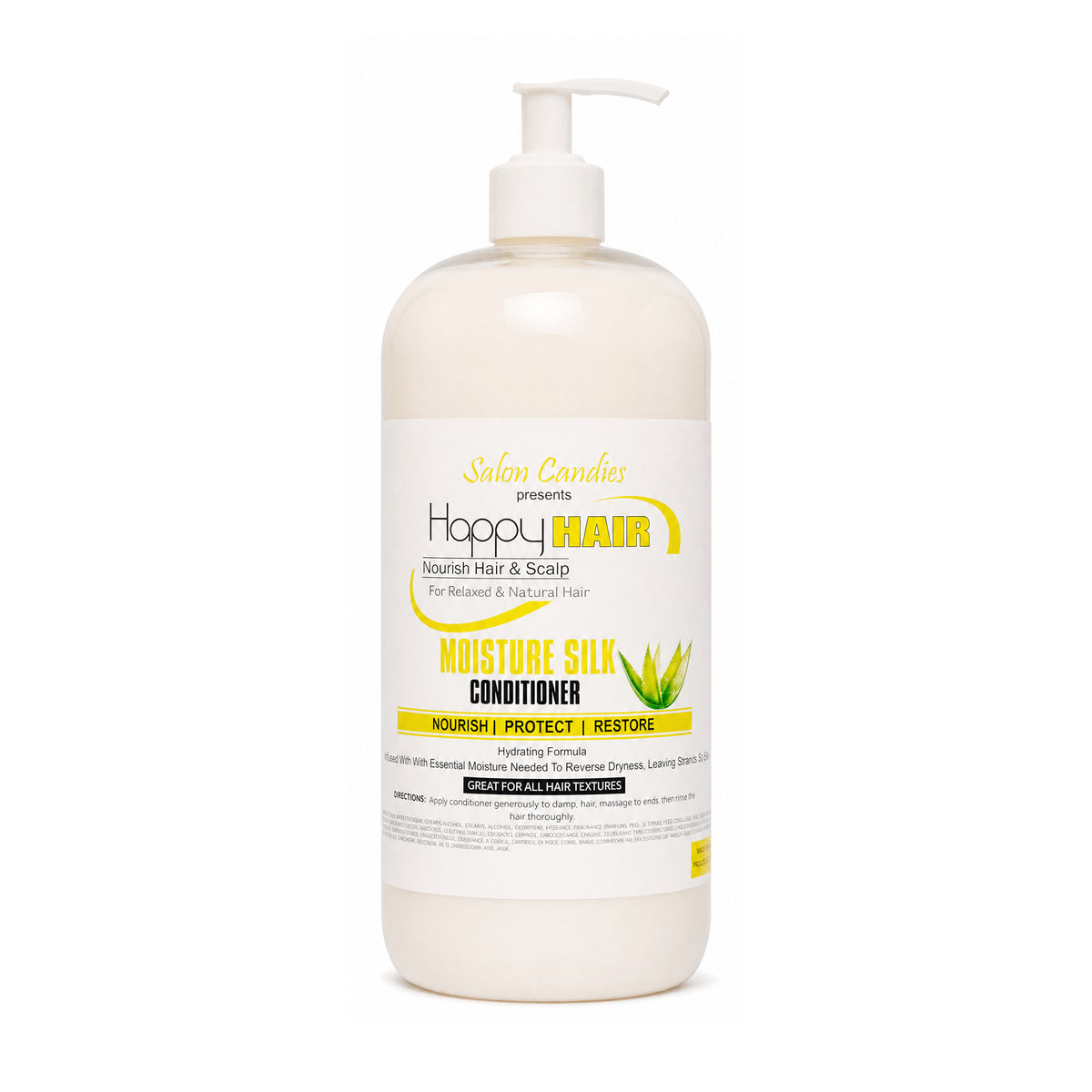 A bottle of Happy Hair Moisture Silk Conditioner by Salon Candles, featuring a white pump dispenser and a white label with yellow and green accents, set against a plain white background.