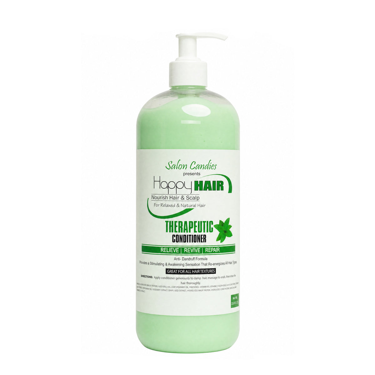 A bottle of Salon Candles by Happi HAIR Therapeutic Conditioner with a white pump dispenser and a light green liquid inside, shown on a plain white background.