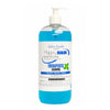 A clear plastic pump bottle of Happy Hair Therapeutic Shampoo filled with bright blue liquid, featuring a white label with blue and green text and graphics, on a plain white background.