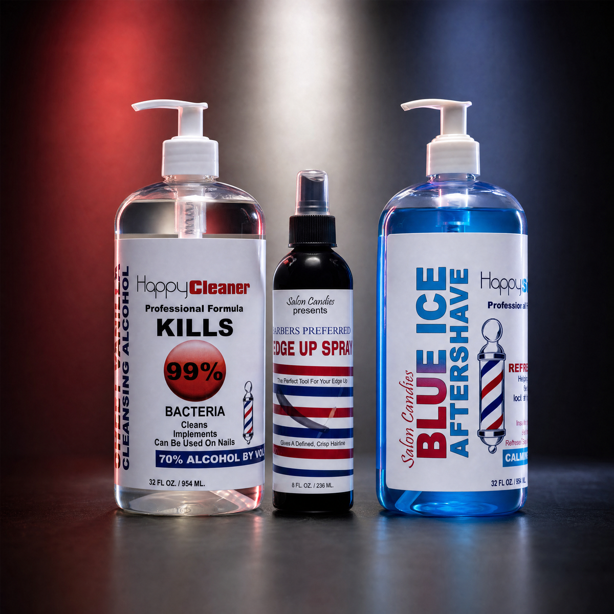 Three barbershop grooming products displayed side-by-side on a dark reflective surface with dramatic red and blue lighting. The products are: a 32 fl oz bottle of Happy Cleaner Cleansing Alcohol, a 4.