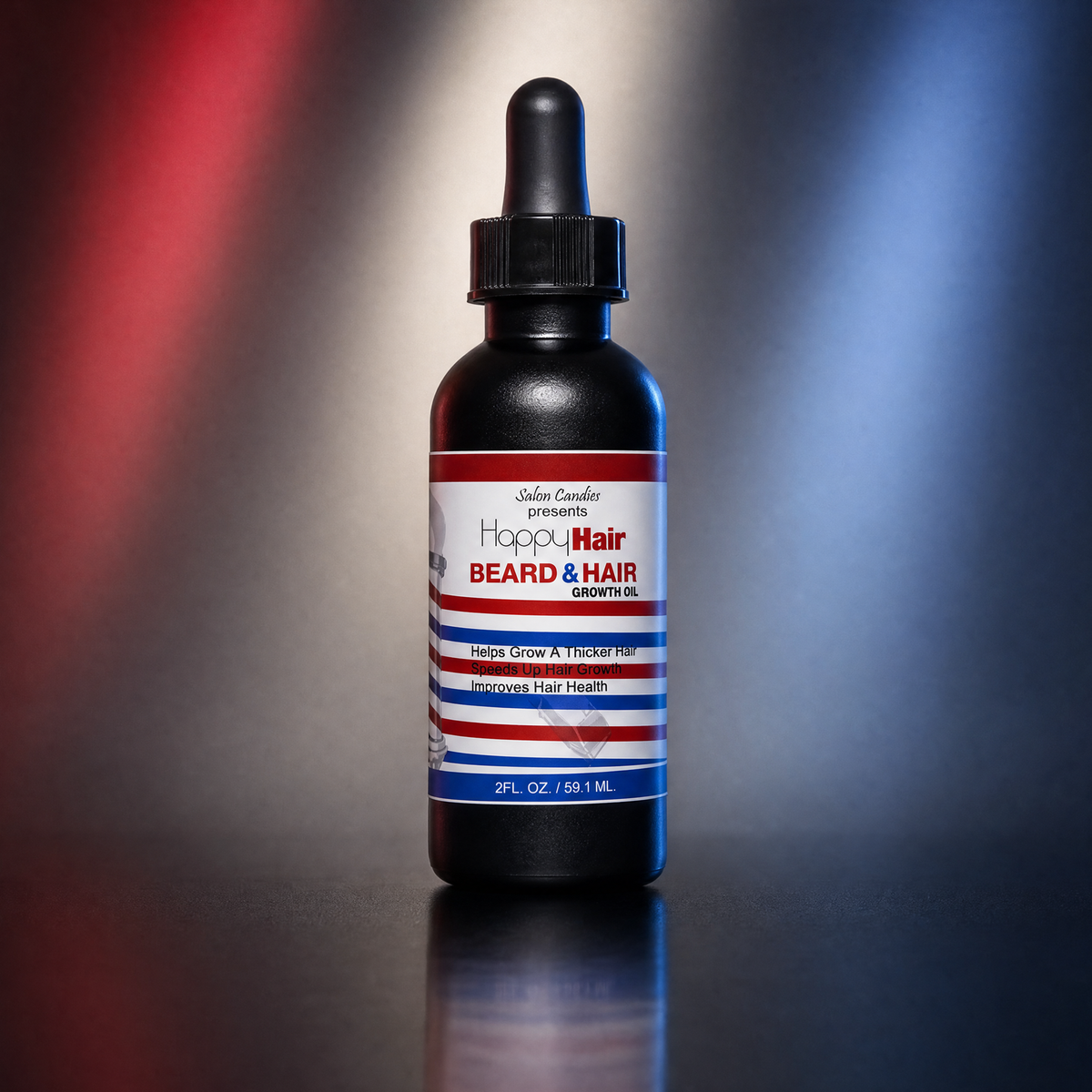 A 2 fl oz black dropper bottle of Salon Candies Hair Beard Growth Oil, featuring a white label with red and blue stripes, set against a dark background with red and blue light flares.