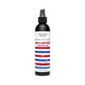 A black plastic pump bottle of Beard & Hair Repair Soften Hair leave-in conditioner by Salon Candles, featuring a white label with red and blue stripes and a barber's pole graphic, set against a plain white background.