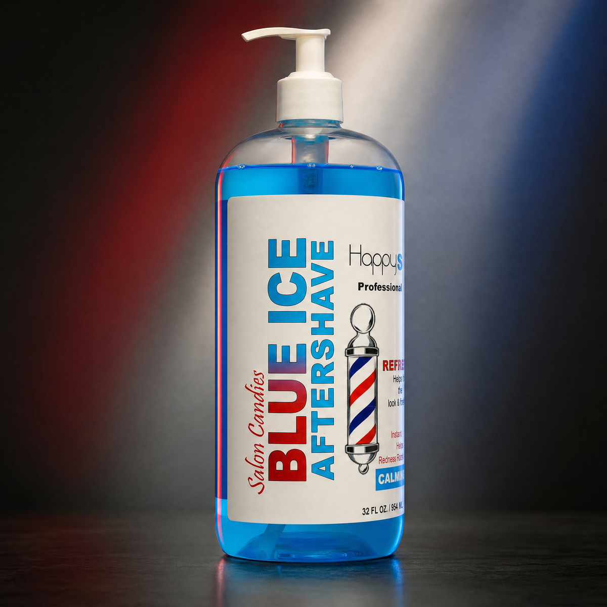 A 32 fl oz bottle of Blue Ice Aftershave by  Salon Candies, filled with bright blue liquid and featuring a white pump dispenser, set against a dark background with red and blue spotlight effects.
