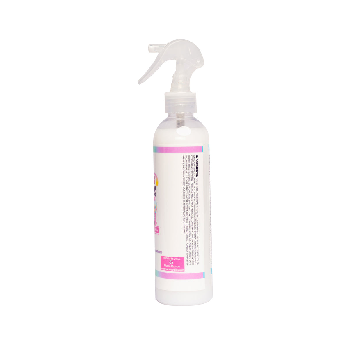 A white plastic spray bottle with a clear trigger sprayer and a white label featuring pink and light blue accents, shown against a plain white background.