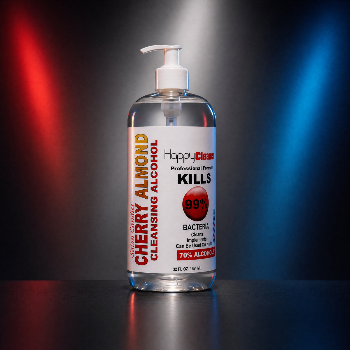 A 32 fl oz bottle of  Salon Candies Cherry Almond Cleansing Alcohol hand sanitizer with a pump dispenser, standing on a reflective dark surface against a black background with red and blue light beams.