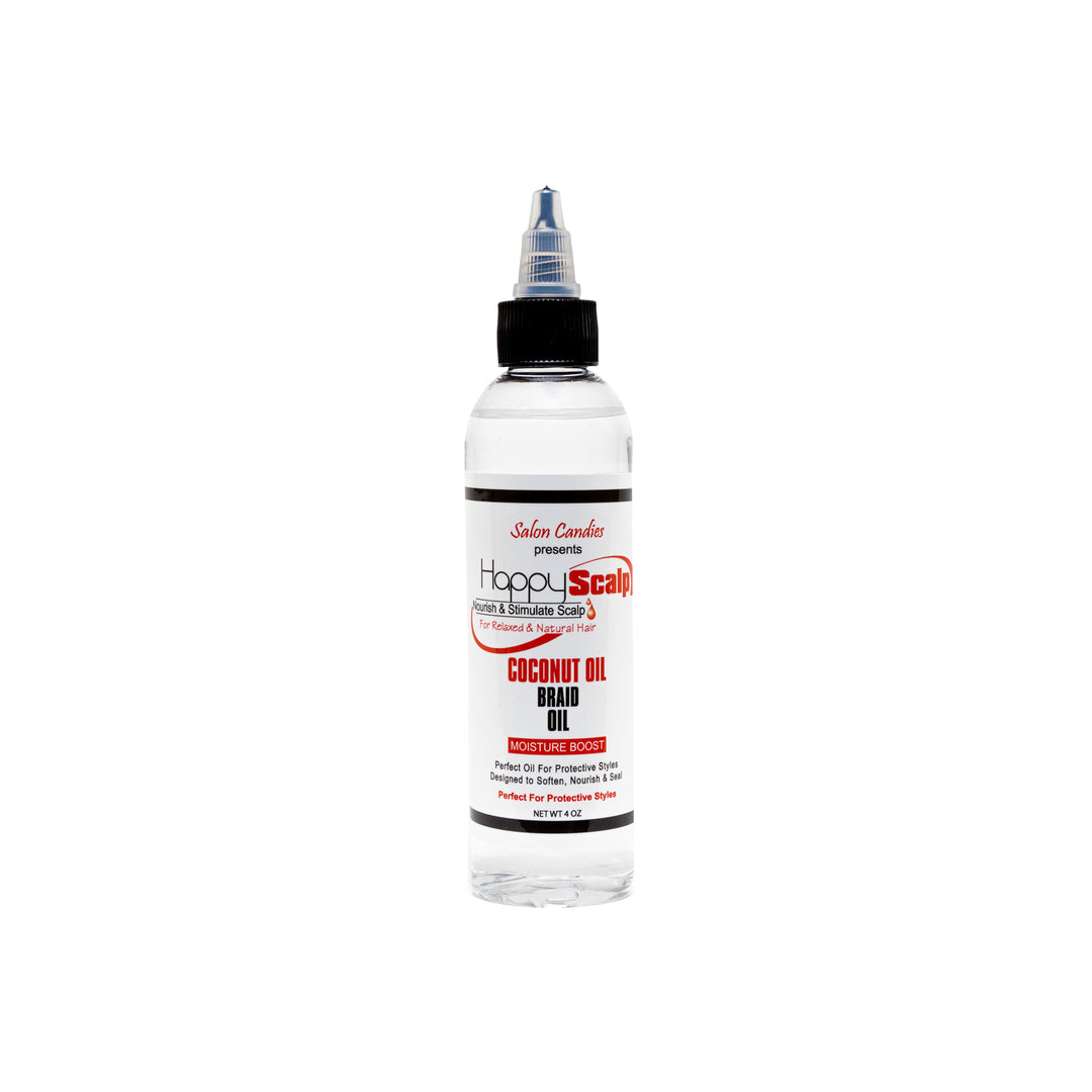 A bottle of S Salon Candies Coconut Oil Braid Oil with a clear plastic body, black cap, and white label with red and black text, set against a plain white background.