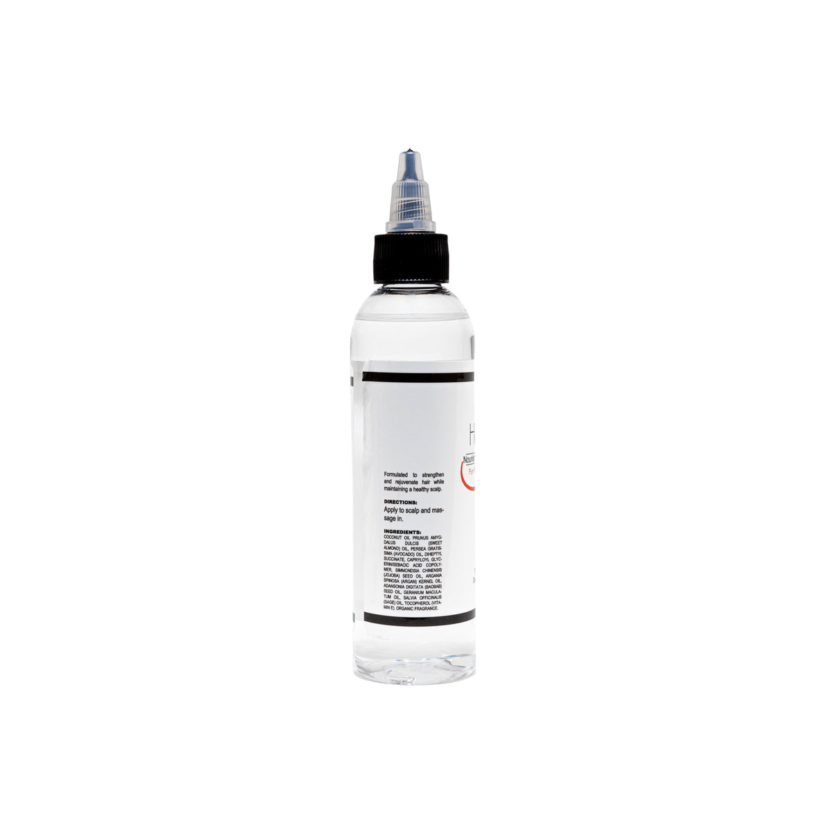 A clear plastic bottle with a black cap and a white label, containing a transparent liquid, shown against a plain white background.