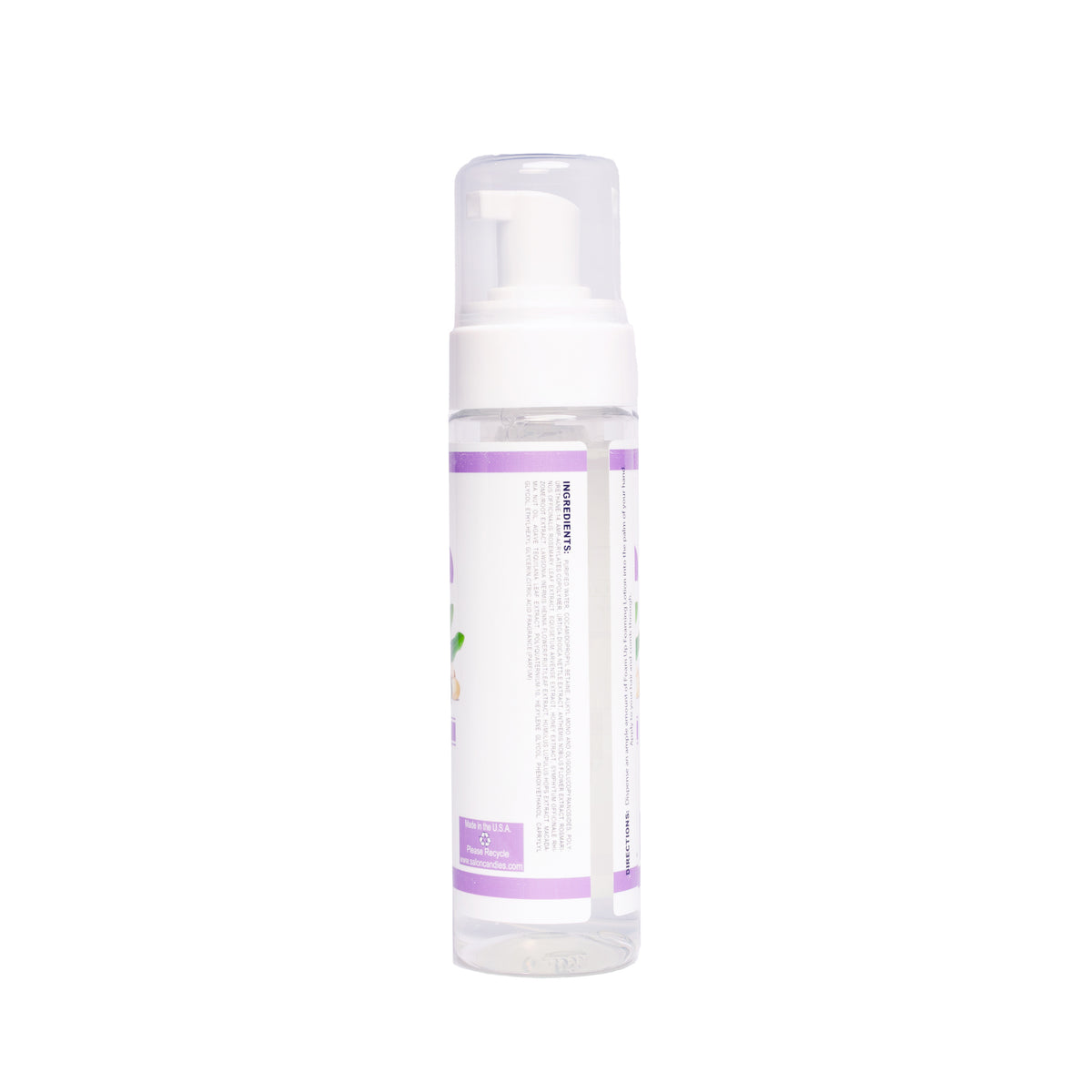 A clear plastic pump bottle with a white pump dispenser and a white label featuring purple accents, shown against a plain white background.