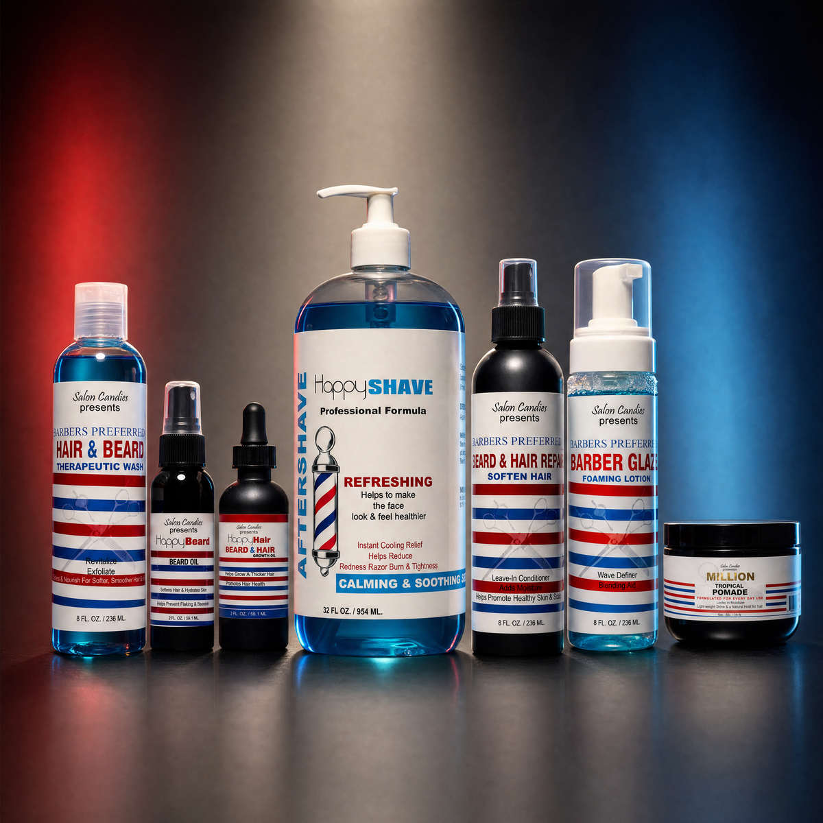 A lineup of men's grooming and haircare products from  Salon Candies including hair and beard wash, toners, and a beard balm, arranged on a dark reflective surface against a blue and red gradient background.