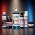 A lineup of men's grooming and haircare products from  Salon Candies including hair and beard wash, toners, and a beard balm, arranged on a dark reflective surface against a blue and red gradient background.
