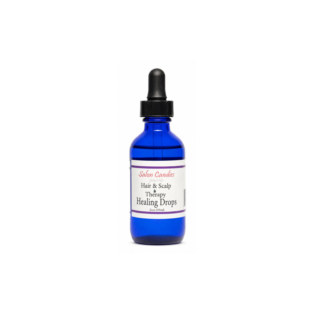 A cobalt blue glass dropper bottle of Salon Candies Hair & Scalp Therapy Healing Drops on a plain white background.