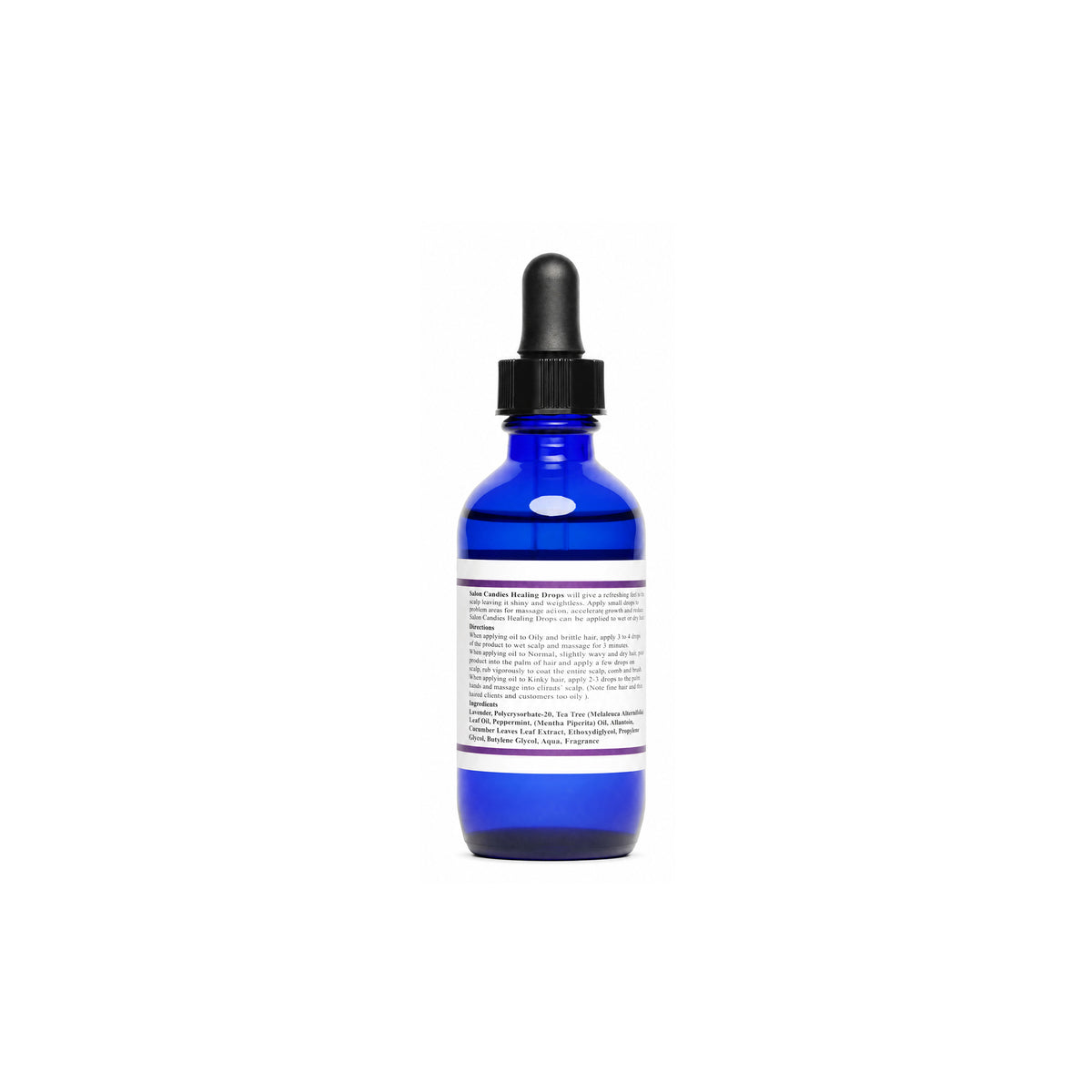 A cobalt blue glass dropper bottle with a black dropper cap and a white label, shown from the back against a plain white background.