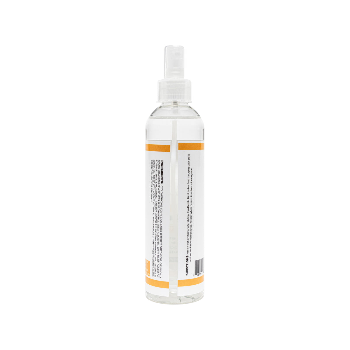A clear plastic spray bottle with a white spray nozzle and a white label featuring orange accent stripes, shown against a plain white background.
