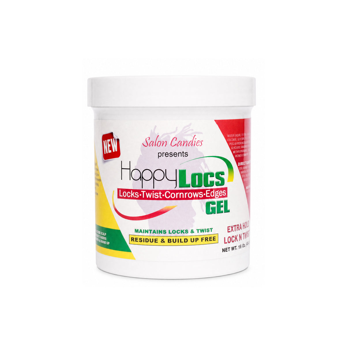 A white plastic jar of HappyLocs Locks-Twist-Cornrows-Edges Gel by Salon Candies, featuring a white label with red, green, and yellow accents, set against a plain white background.