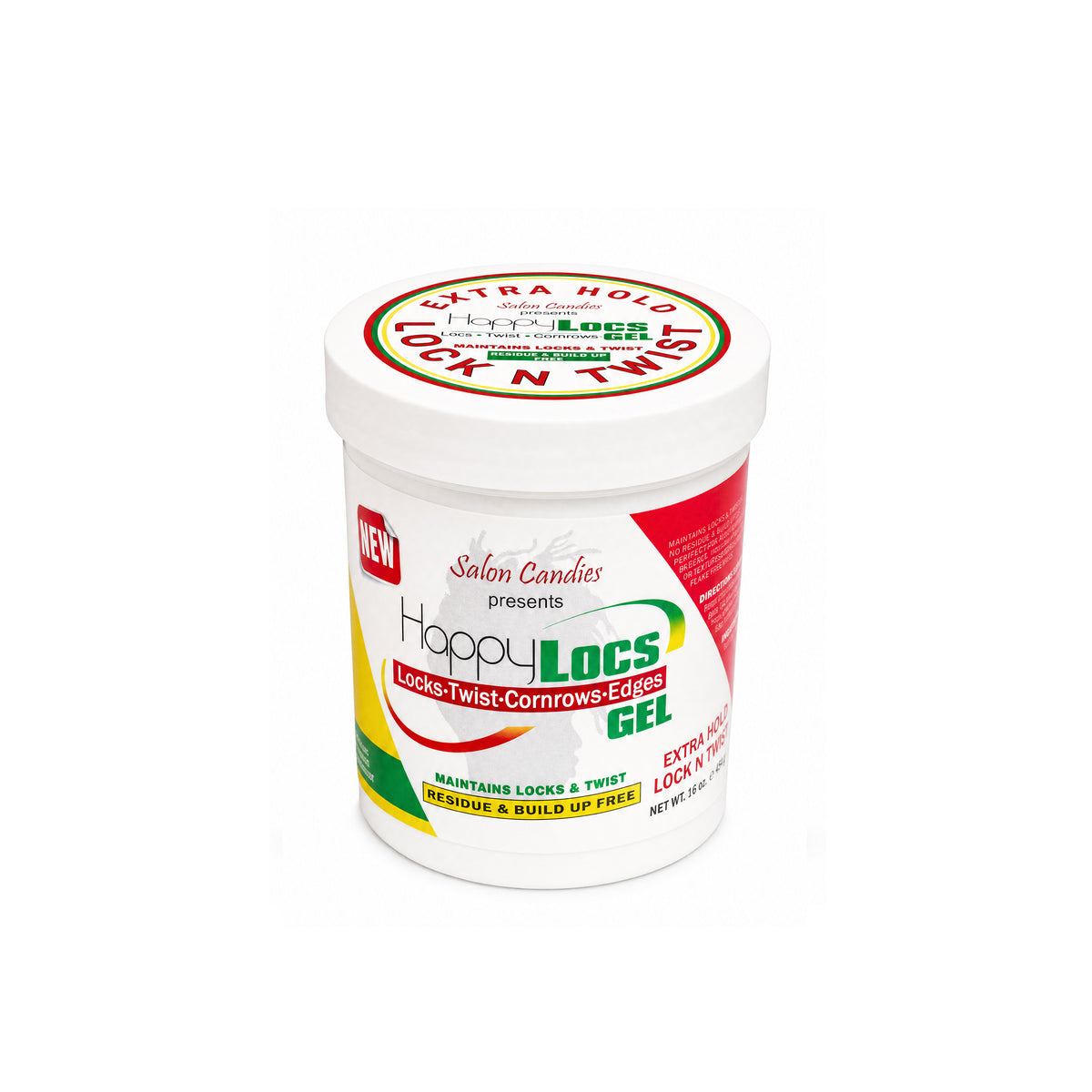 A white plastic jar of Happy Locs Extra Hold Lock & Twist Gel, featuring a white lid with a red and green circular label, and a white body with red, green, and blue branding graphics.