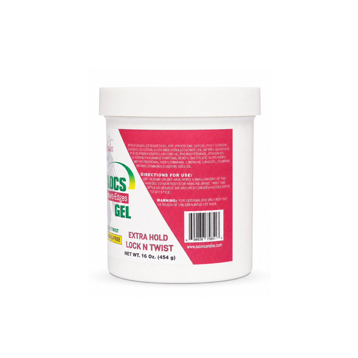 A white plastic jar of Lock 'N Twist Extra Hold Gel, showing the pink and green product label on a clean white background.