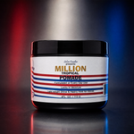 A jar of  Salon Candies Million Tropical Pomade centered on a dark reflective surface with red and blue light streaks in the background. The product is in a black plastic jar with a white label featuring red and blue stripes and gold and blue text.