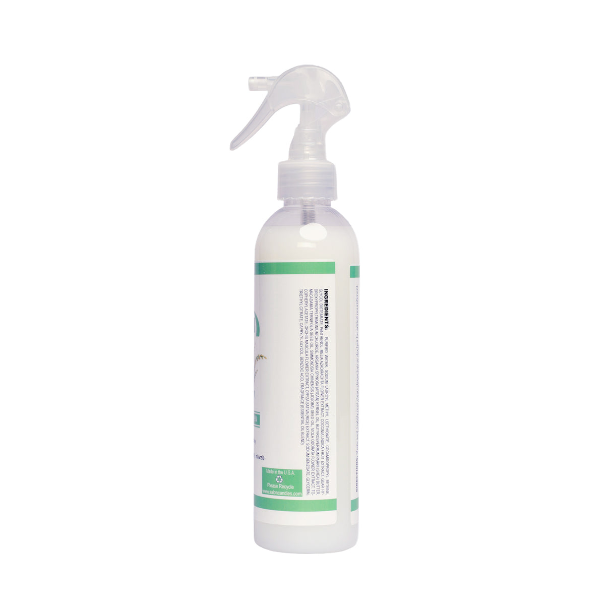 A white plastic spray bottle with a clear trigger sprayer and a white label featuring green borders and black text, shown against a plain white background.