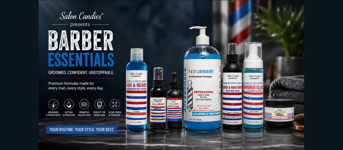 A lineup of Salon Candles Barber Essentials grooming products displayed on a dark countertop with a dark background. The set includes a large blue bottle of Deep Shave, a blue and white Hair & Beard wash, a white and blue Hair & Beard Balm, a black and white Hair & Beard Oil, a white and blue Hair & Beard Gel, a small black bottle, and a small jar, all with red, white, and blue labels.
