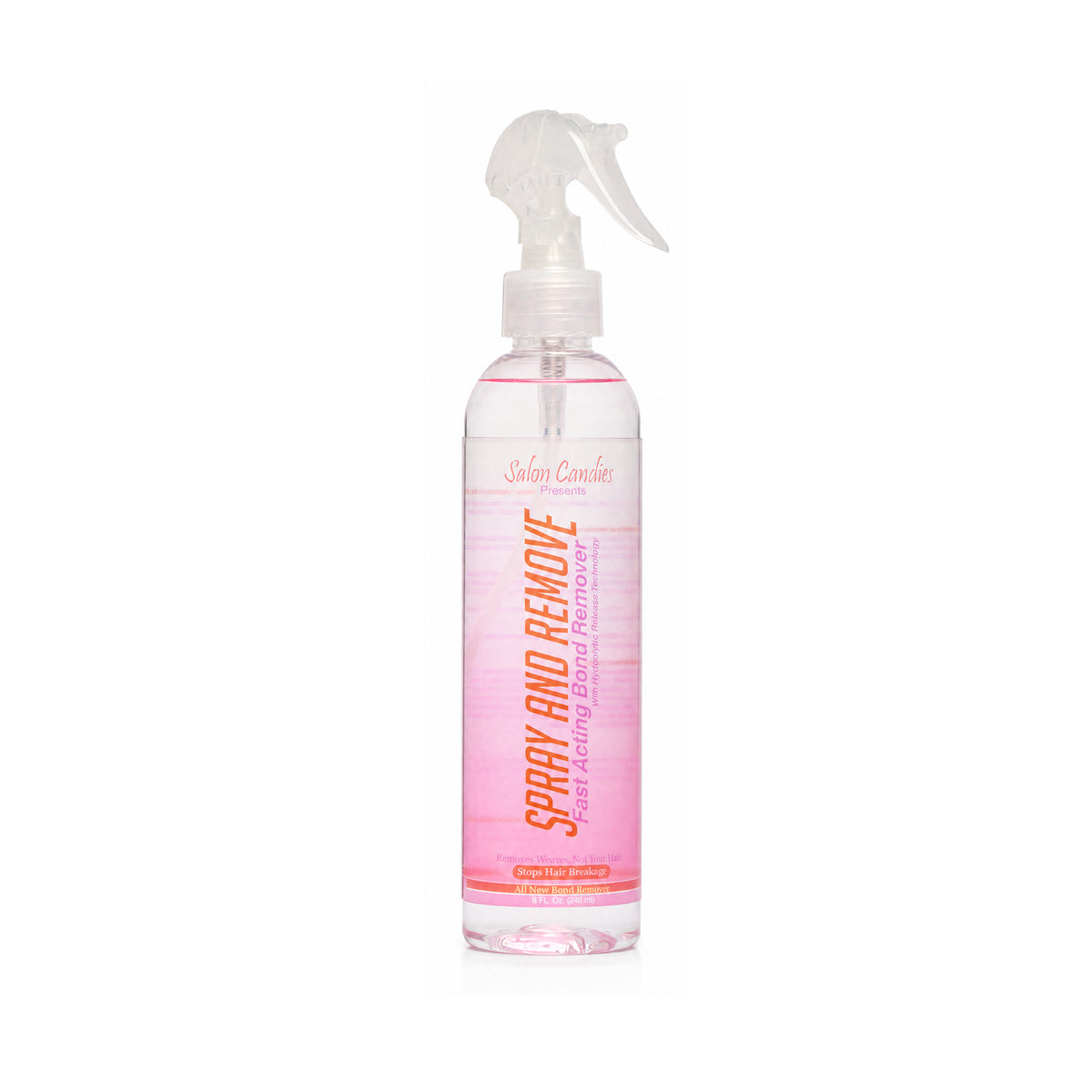 A clear plastic spray bottle with a white trigger sprayer, containing a pink liquid. The label features vertical text reading 'SPRAY AND REMOVE' in orange, with 'Shag Color' written at the top, set against a plain white background.