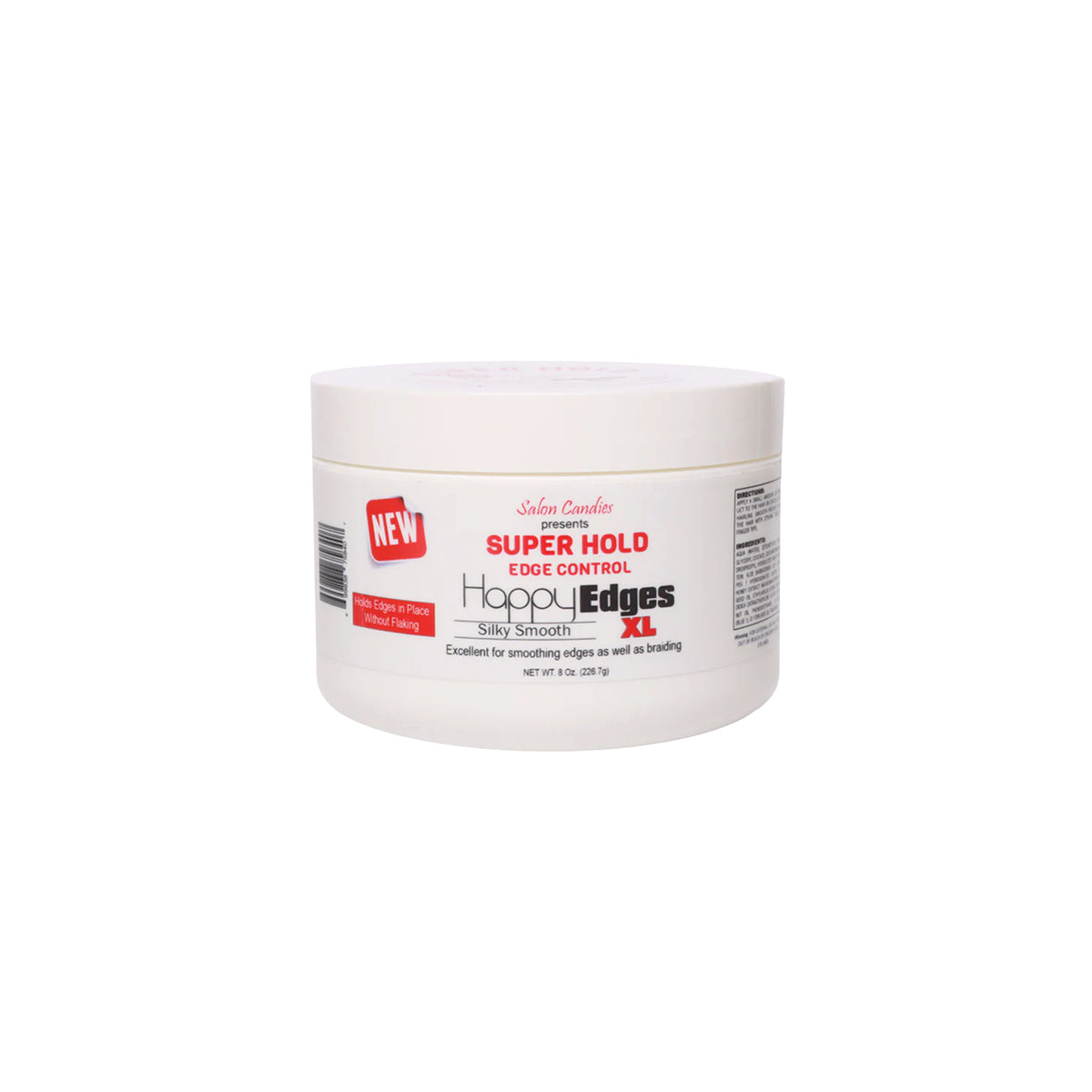 A white plastic jar of Happy Edges XL Super Hold Edge Control Hair Enhancer, shown against a plain white background.