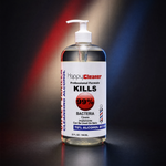 A 23 fl oz bottle of Happy Cleaner 70% Alcohol By Volume hand sanitizer with a pump dispenser, set against a dark background with dramatic red and blue lighting beams.