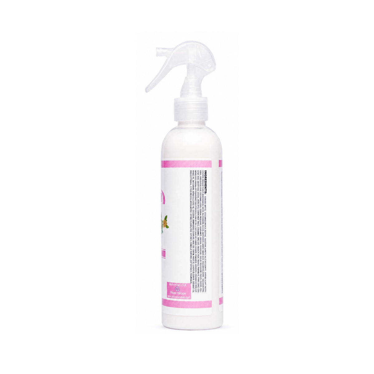 A white plastic spray bottle with a clear trigger sprayer and a white label featuring pink borders and text, shown against a plain white background.